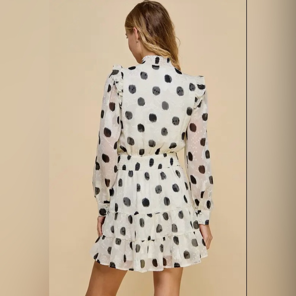 Women's Long Sleeved Polka Dot Mini Smocked Waist Dress - Picture 5 of 6